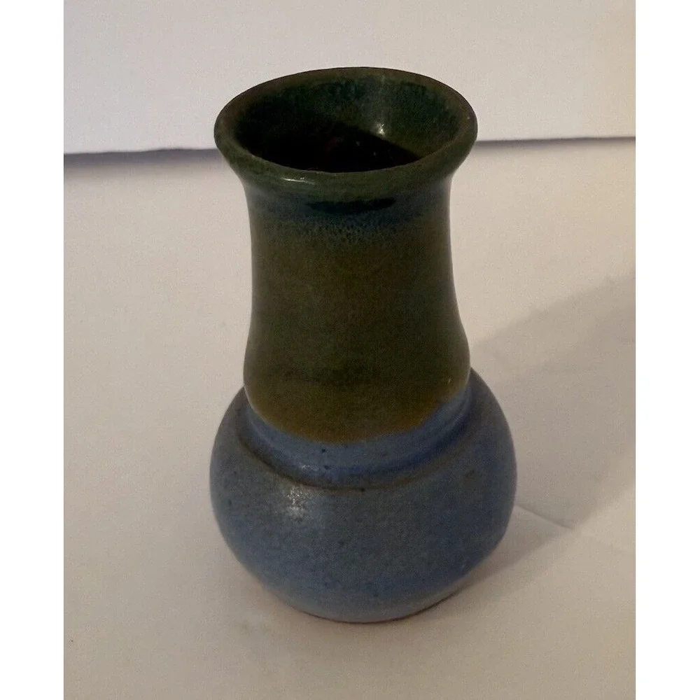 Small Studio Art Pottery Bud Vase Lot of 2 Blue Green & Brown-Signed-Approx.3